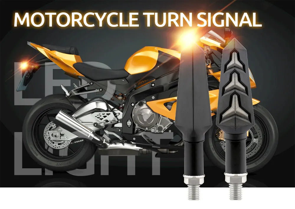 A close-up of a motorcycle turn signal light assembly with a bright yellow beam, mounted on the bike.