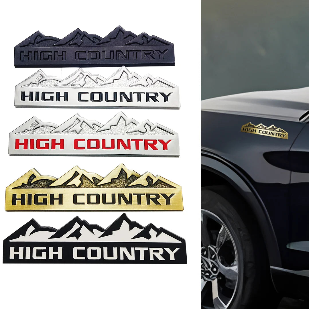 A collection of five black, silver, red, gold, and black decals featuring a mountain range design for vehicle customization.