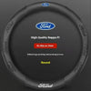 Black round steering wheel cover for Ford vehicles featuring the Ford logo and text