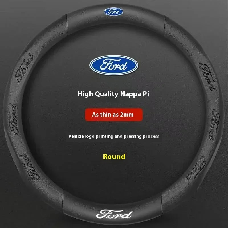 Black round steering wheel cover for Ford vehicles featuring the Ford logo and text