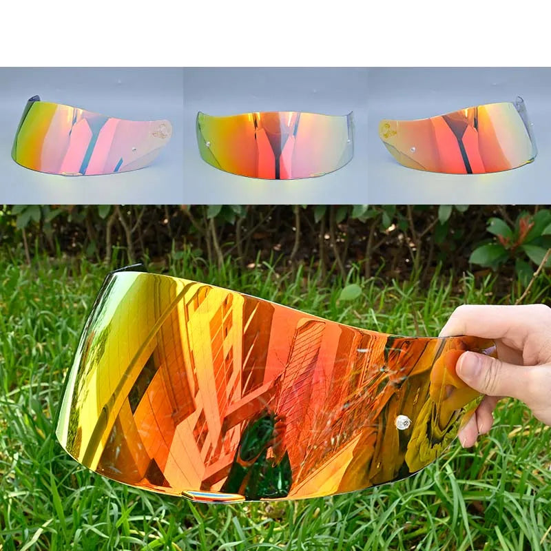 A universal motorcycle helmet visor featuring a vibrant, iridescent, multi-colored lens shield.