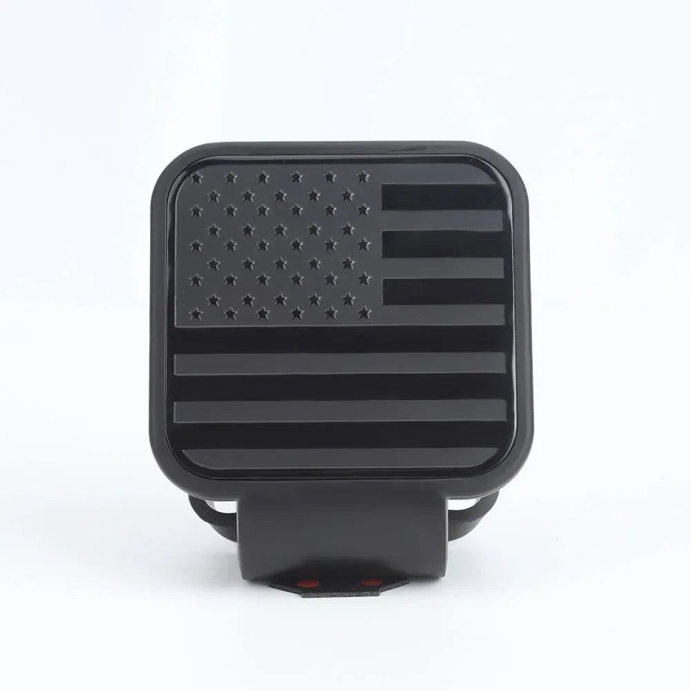 Black universal trailer hitch cover with a distressed American flag design.