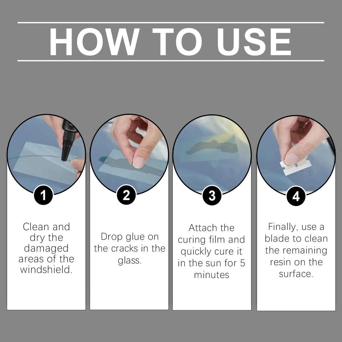 Quatre étapes montrant comment utiliser un kit de réparation de fissure de pare-brise pour les dommages en verre.