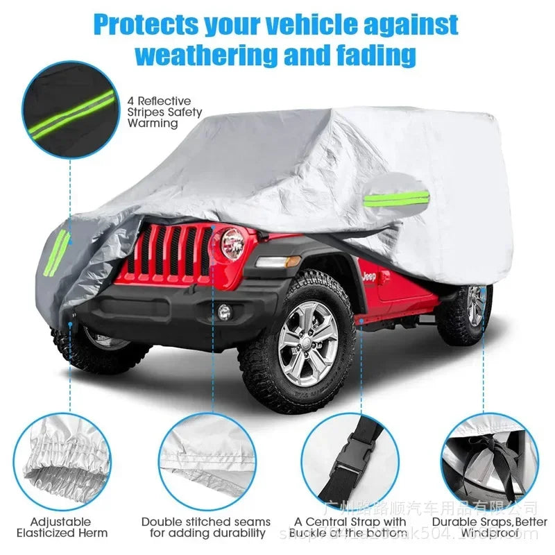 A waterproof car cover protecting a red Jeep Wrangler against weathering and fading.
