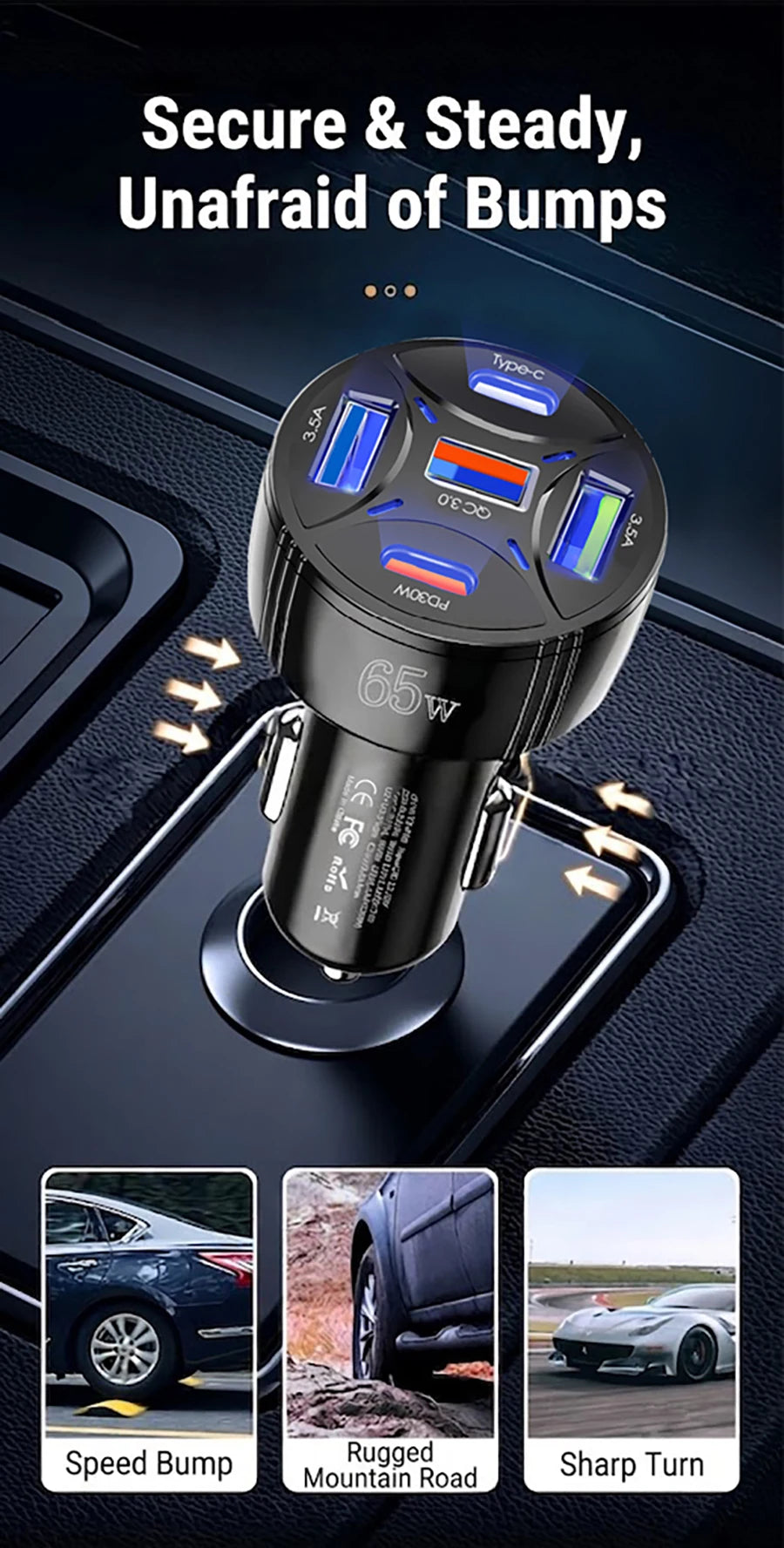 A black 65W multi-port car charger with Type-C ports is shown in a close-up view.