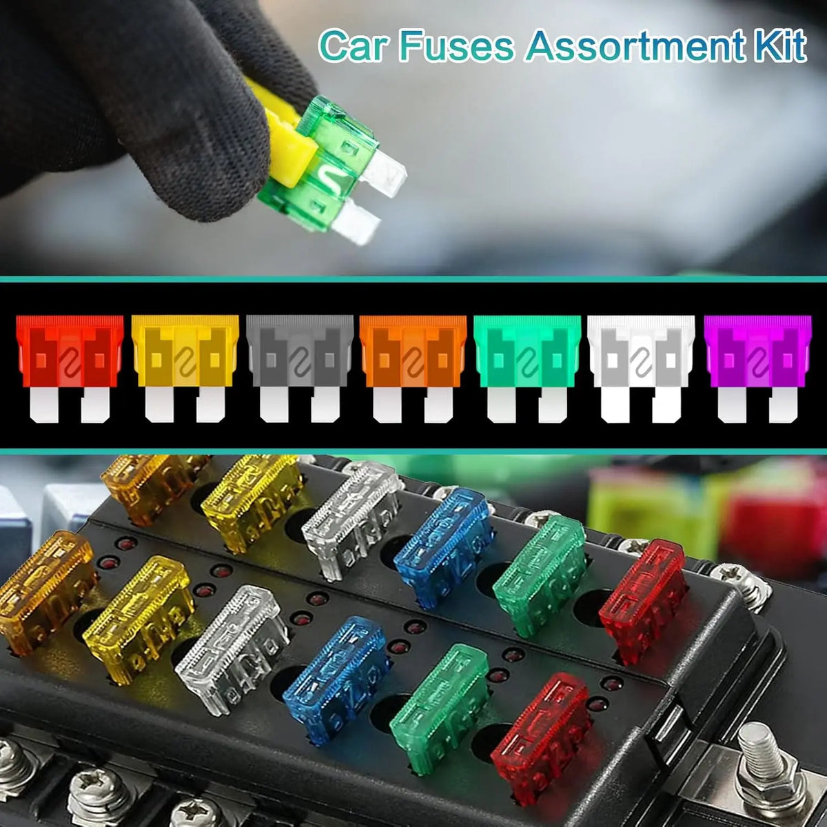 Eine Hand hält ein Set von Auto-Sicherungen mit bunte Kunststoffsicherungen auf einer elektrischen Steckplatine.