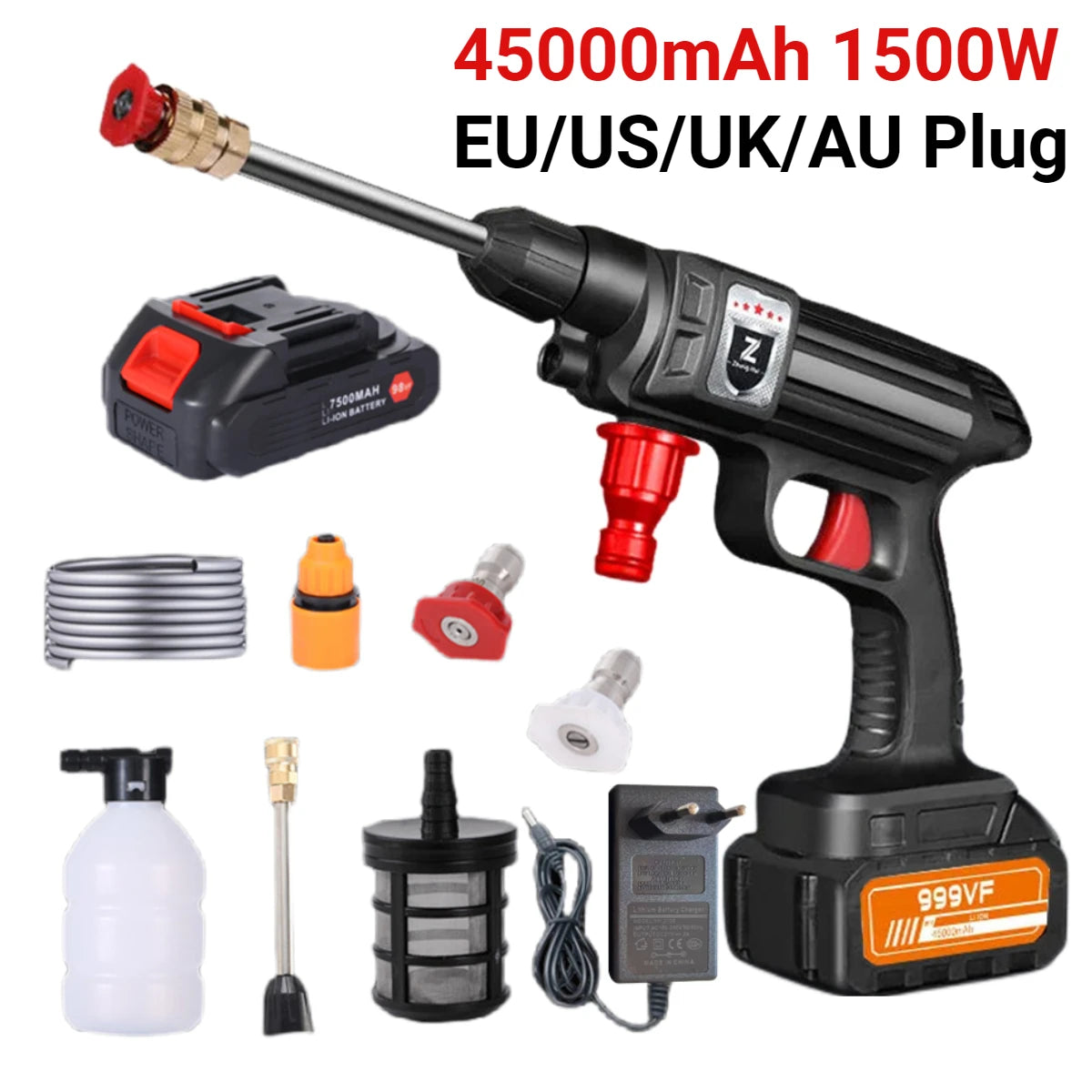 Schwarze Hochdruck-Waschpistole mit EU/US/UK/AU-Stecker, Batterie und Zubehör.