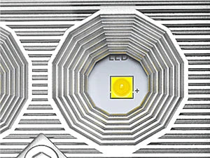 Gros plan d'un produit avec une barre lumineuse au design à anneaux concentriques et une source de lumière LED.