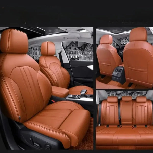 Brown leather car seat covers showing various angles of the luxury seats inside a vehicle.
