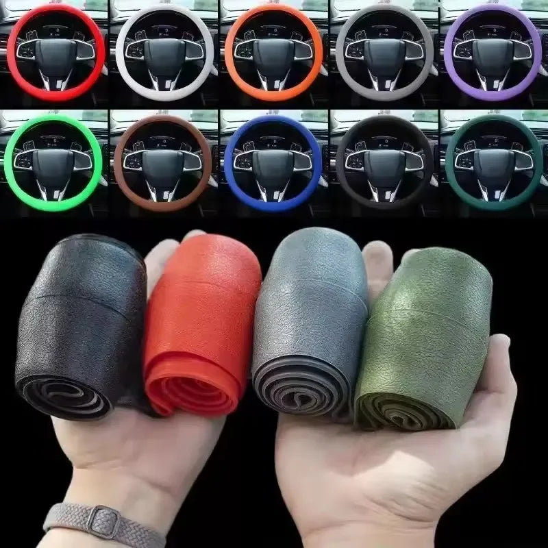 A variety of silicone steering wheel covers in different colors and patterns are displayed, along with rolled-up black and gr