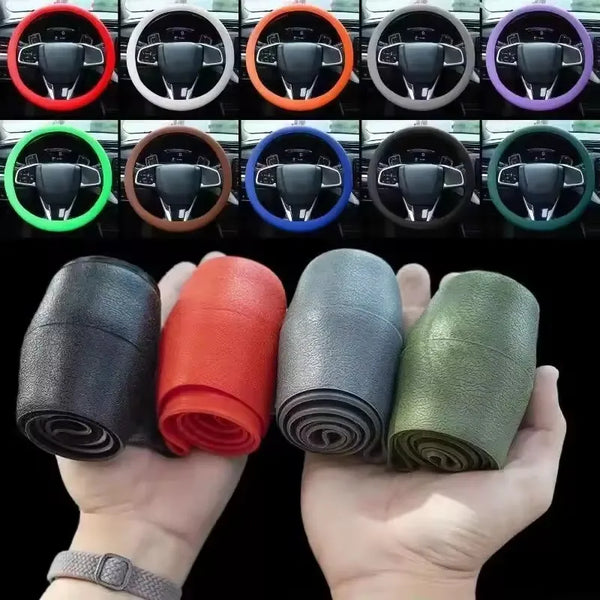 Diverses housses de volant en silicone de différentes couleurs et motifs, avec des bâtons noirs et gris roulés.