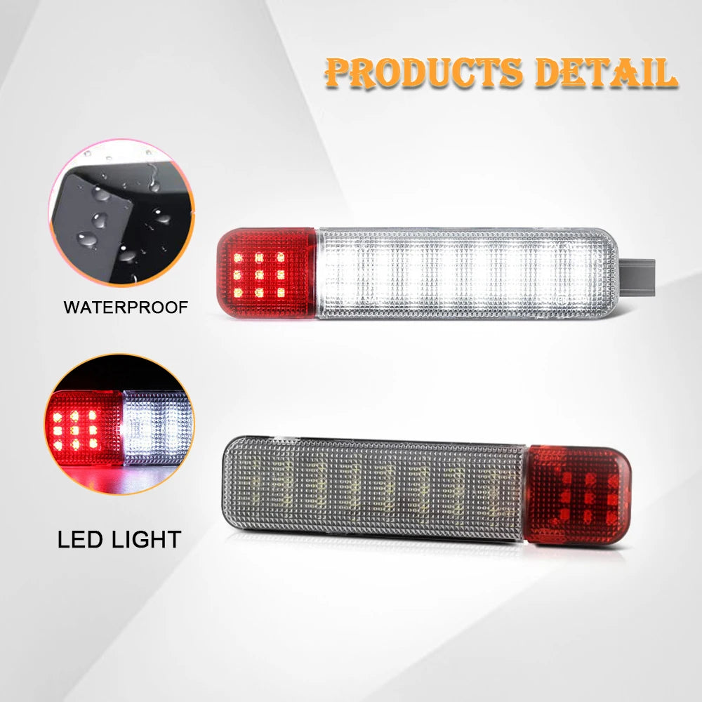 A pair of waterproof LED light bars, one red and white, and one red and blue, for vehicle interior door panels.