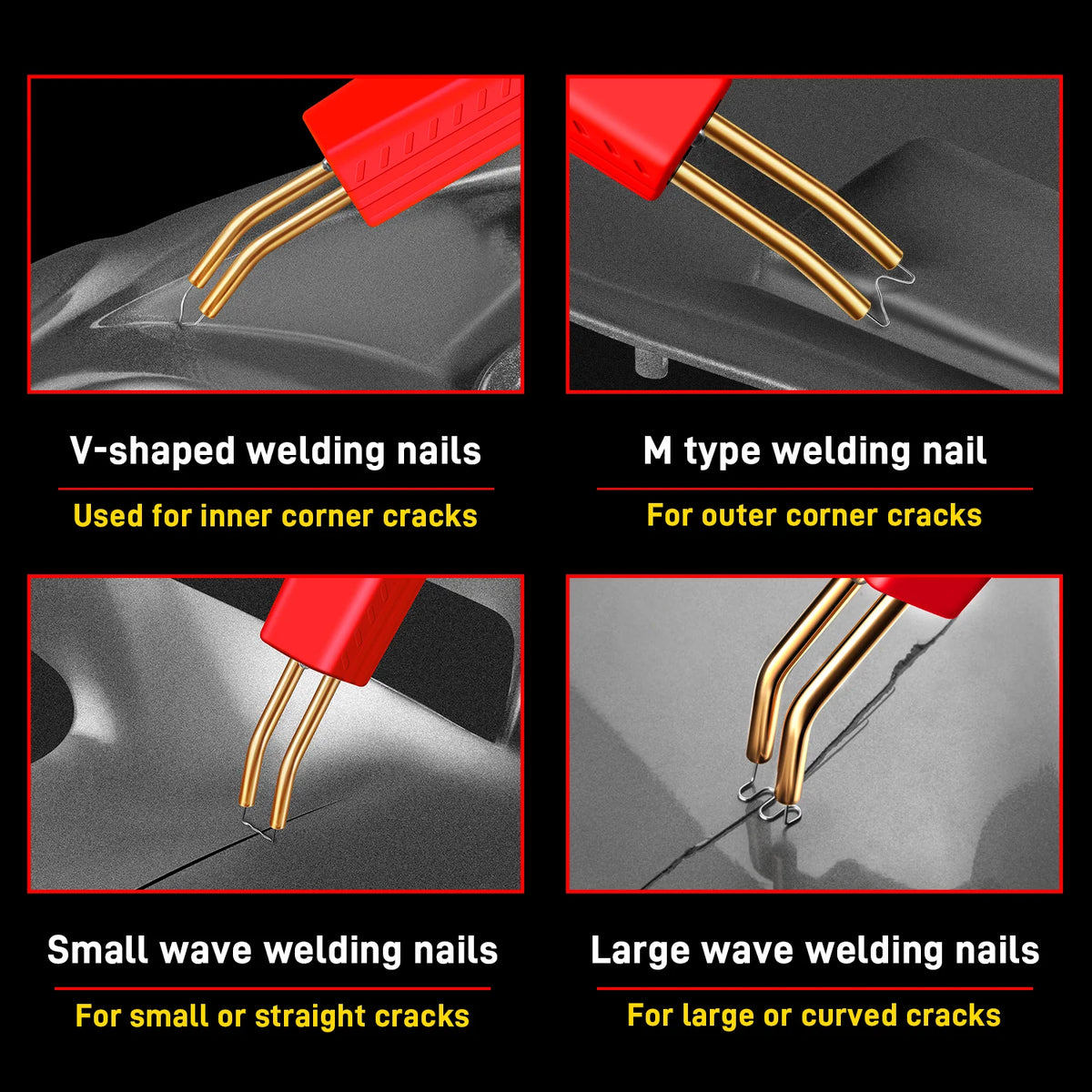 A set of welding nails including V-shaped, M type, small wave, and large wave nails for various crack repairs.