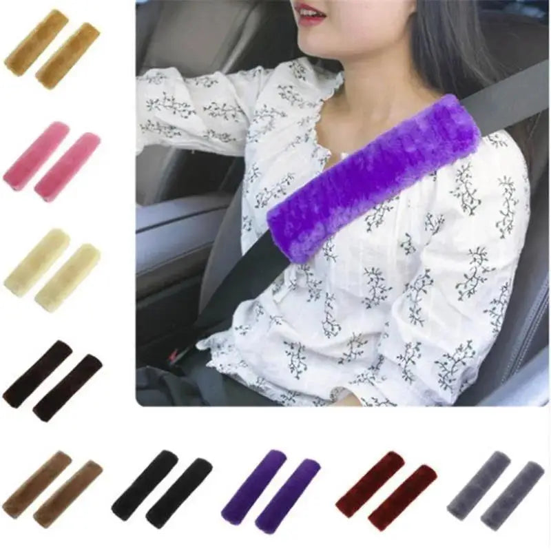 Various colored shoulder pads for car seatbelts shown next to a woman wearing a white shirt.
