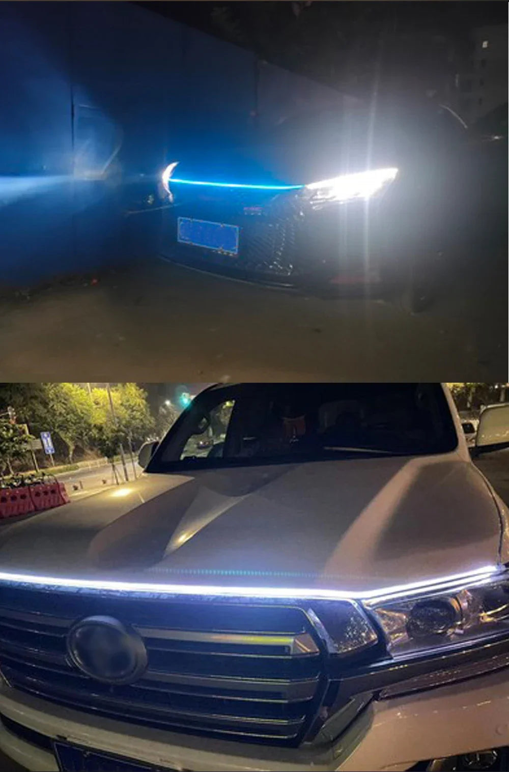 Primer plano del capó de un vehículo blanco con una tira de luz diurna LED.
