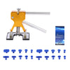 A set of plastic dent puller tools including a yellow and silver puller mechanism and various blue plastic puller components.