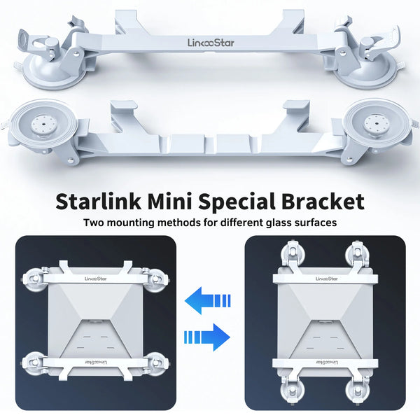 Starlink Mini Special Bracket showing two mounting methods for different glass surfaces