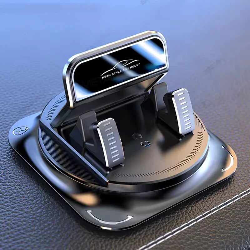 A black 360 degree rotating car phone mount with a silver mount and multiple mounting options.