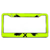 A bright lime green aluminum license plate frame with black textured accents.