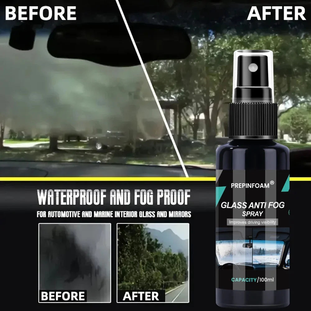 Before and after comparison of a glass anti-fog spray product for automotive and marine interior glass and mirrors