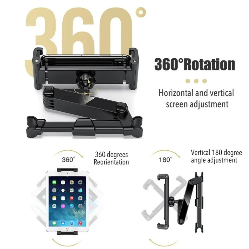 A black universal rotating mount for a car headrest, showing various degrees of rotation and screen adjustment.