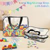 Clear storage bags with labels for toys and cosmetics, including colorful plastic toys and storage pouches.