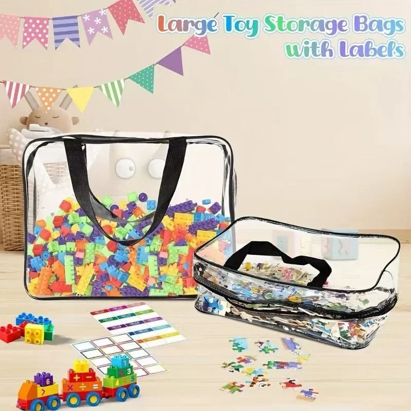 Clear storage bags with labels for toys and cosmetics, including colorful plastic toys and storage pouches.