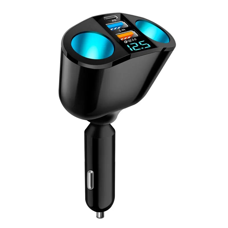 A black dual-port car charger adapter with a digital display showing 12.5 amps.