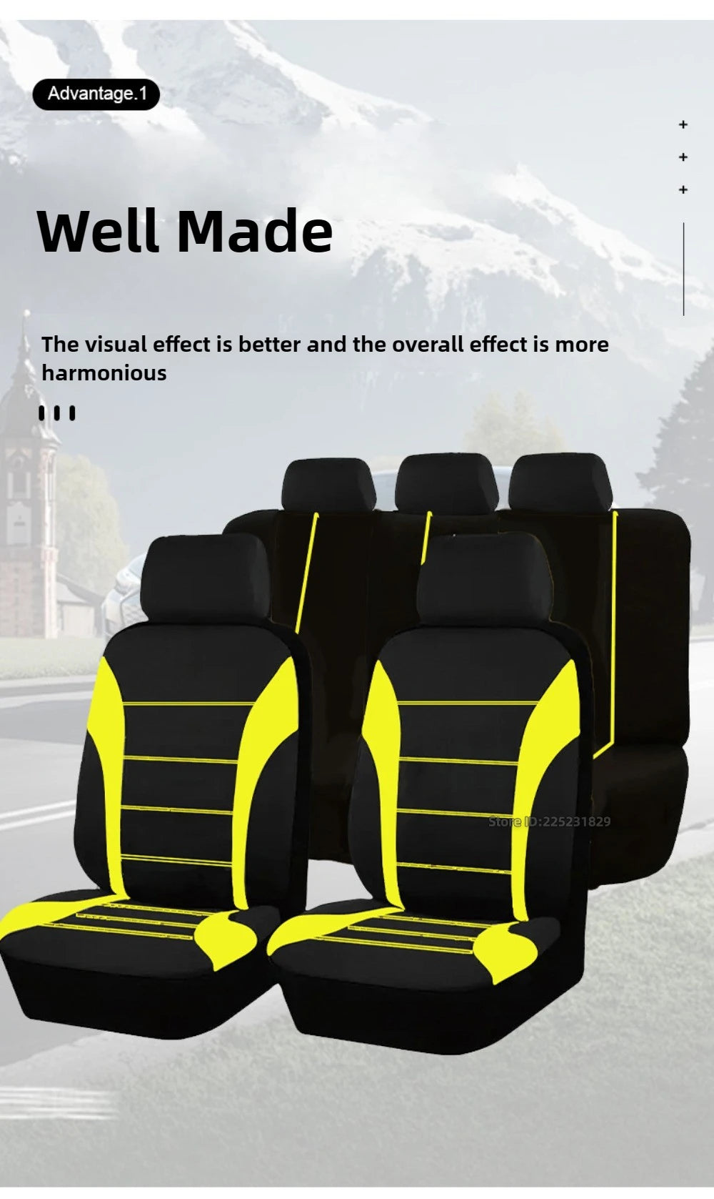 A set of black seat and cushion covers with yellow accents displayed on a light gray surface.