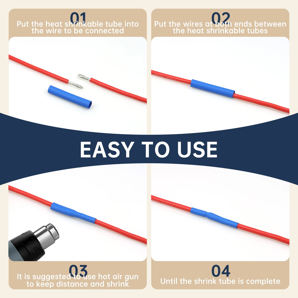 A four-step guide showing how to use a heat shrinkable tubing kit for electrical insulation.