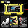 A yellow 12V smart battery charger device with instructions showing steps for use.