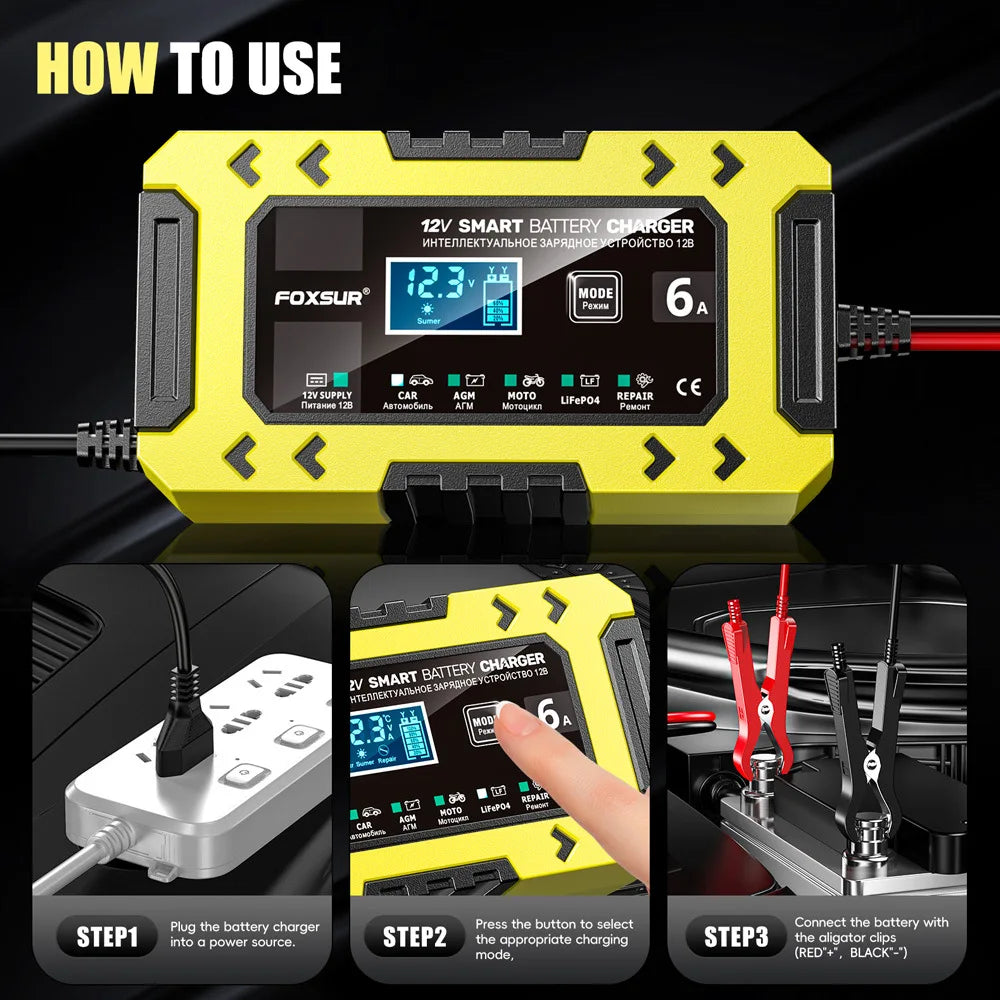 A yellow 12V smart battery charger device with instructions showing steps for use.