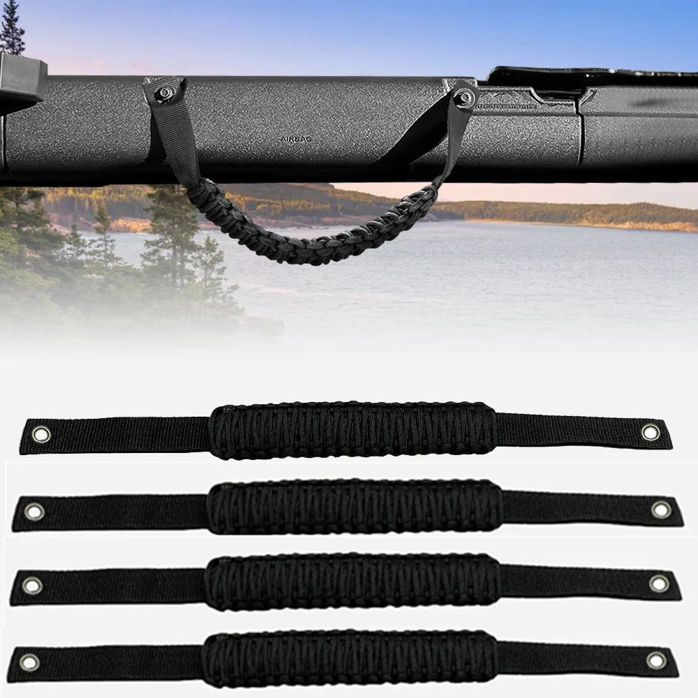 Black grab handles designed for Ford Bronco roll bars shown in various configurations.