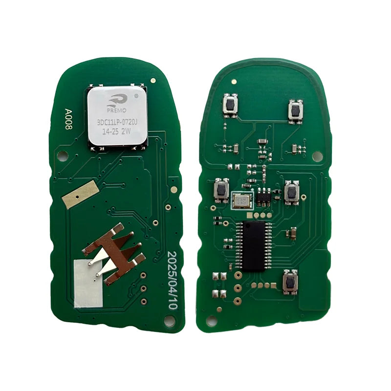 A green electronic circuit board with a labeled chip and components for a 433MHz smart key fob.