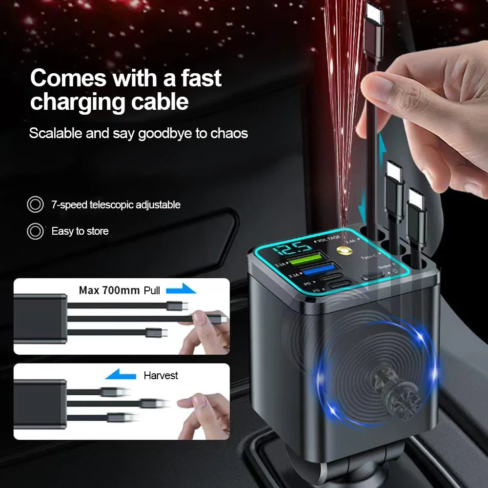 A hand is shown using a fast charging cable with a 7-speed telescopic adjustable feature on a digital voltmeter car charger.