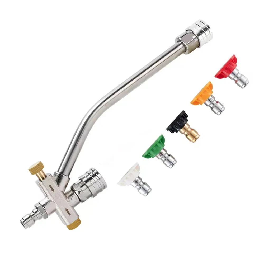 A silver pressure washer foam cannon adapter with multiple quick connect nozzles and a long metal tube.