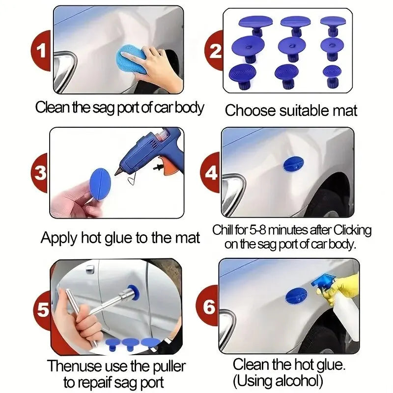 A six-step process for repairing a car sag port using hot glue and a puller tool.