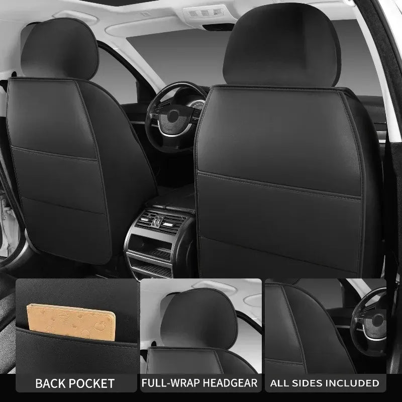 Black waterproof anti-slip car seat covers for front seats and headgear included in a back pocket