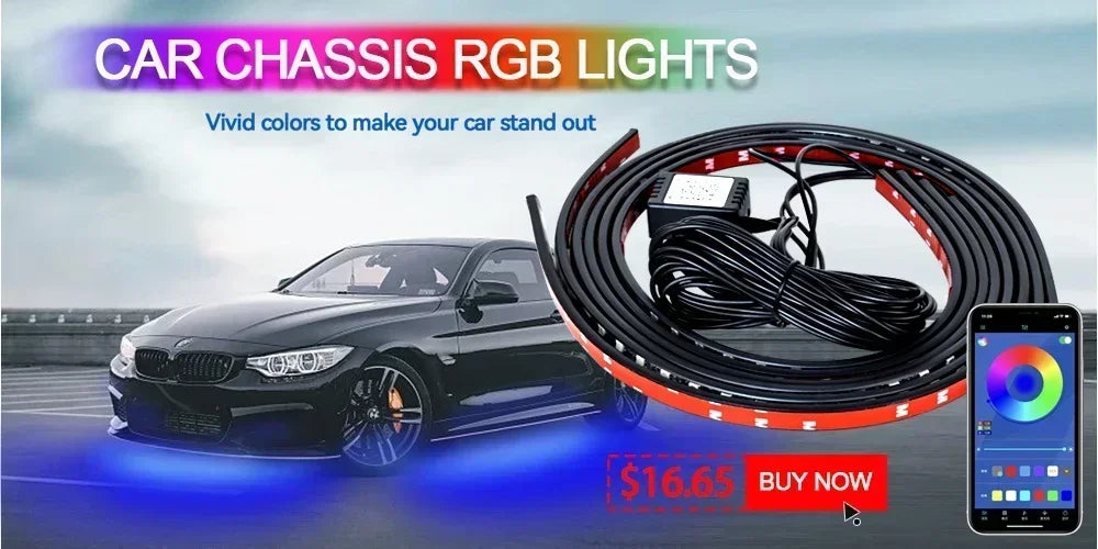 A black BMW car is shown with an RGB light strip installed on its chassis, surrounded by coiled LED wires.