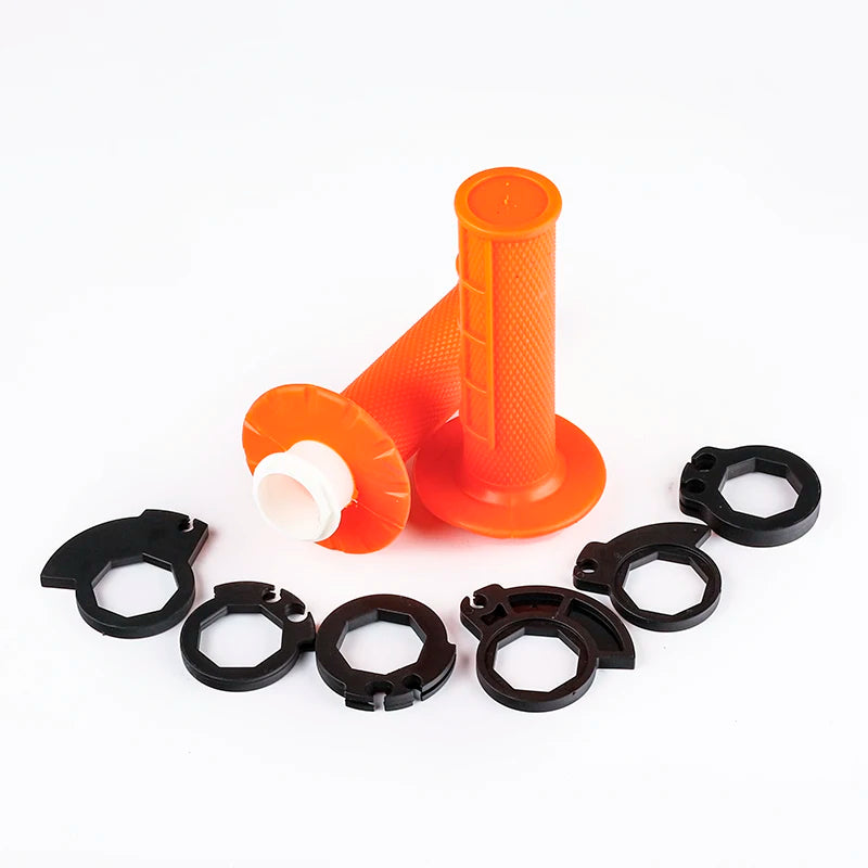 Orange universal motorcycle handlebar grips shown in various sizes and angles