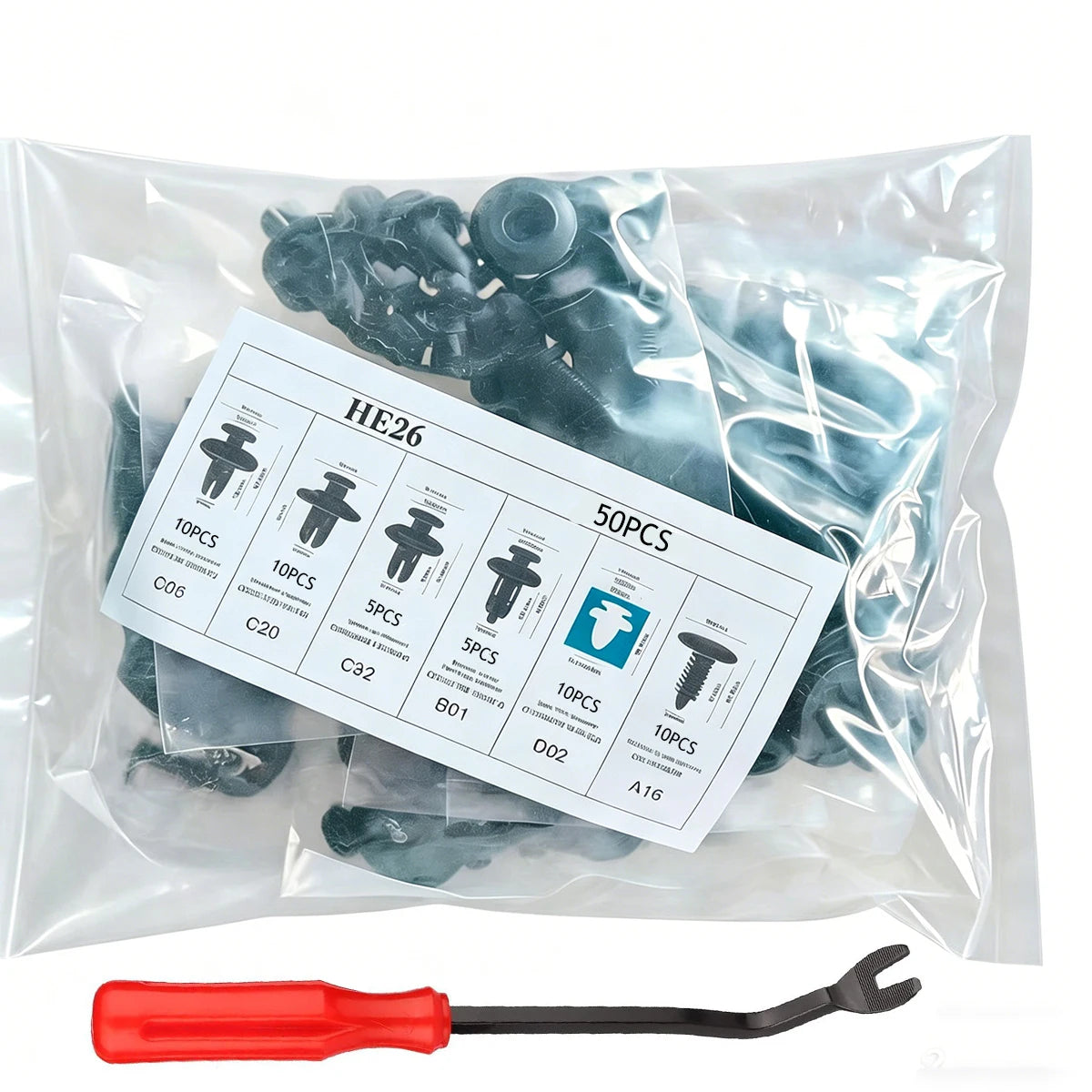 A clear plastic bag containing various universal auto fastener clips and a red tool.