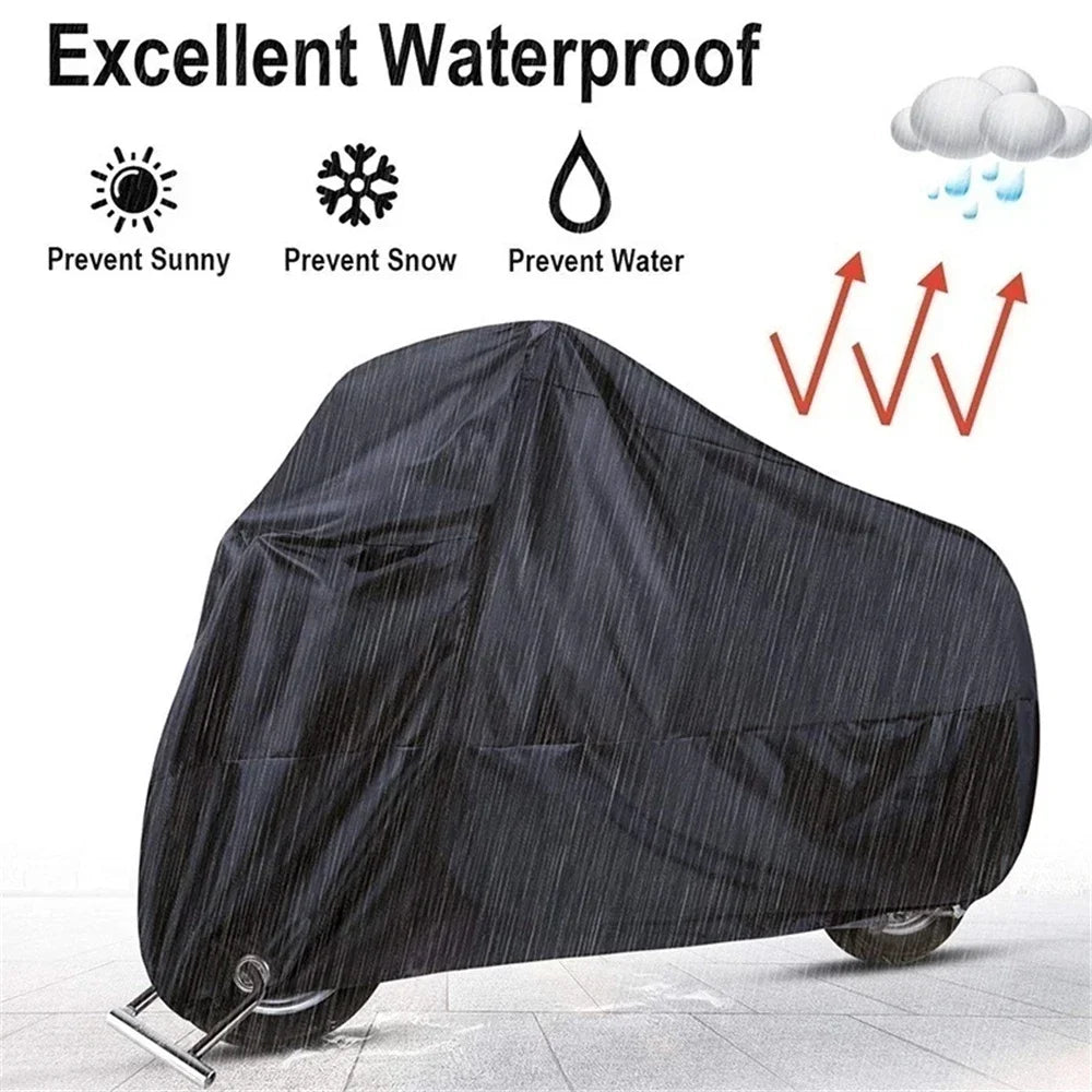 Housse de moto noire imperméable, conçue pour prévenir les dégâts causés par le soleil, la neige et l'eau.