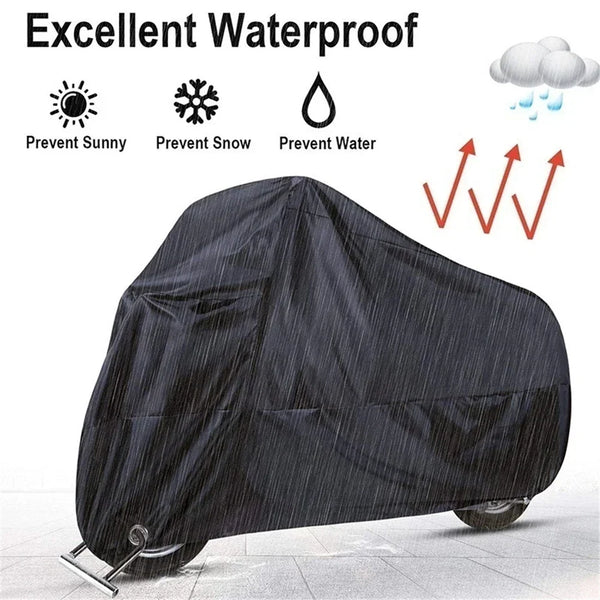 Black waterproof motorcycle cover designed to prevent sun, snow, and water damage.