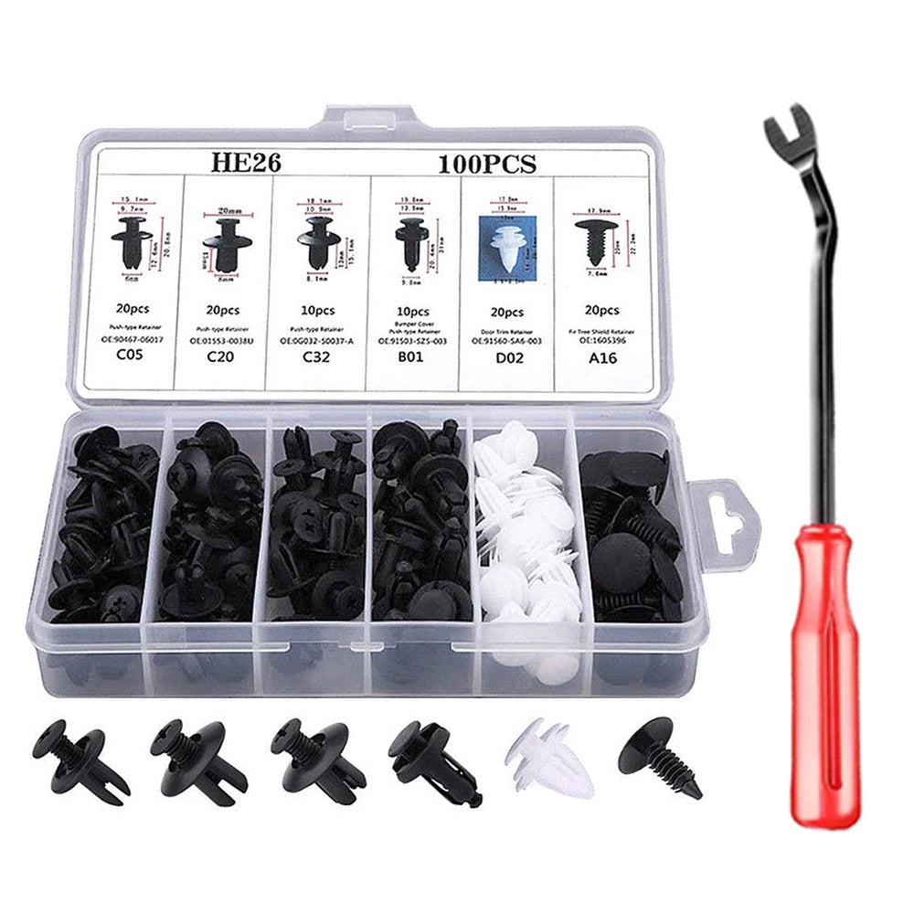 Plastik-Set mit verschiedenen Halterclips und Befestigungselementen für verschiedene Größen und Anwendungen.