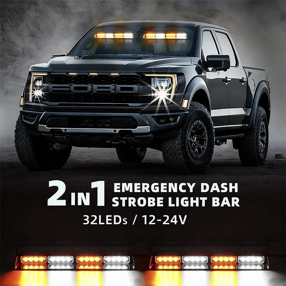 A Ford truck with a 2-in-1 emergency dash strobe light bar installed on the front grille.