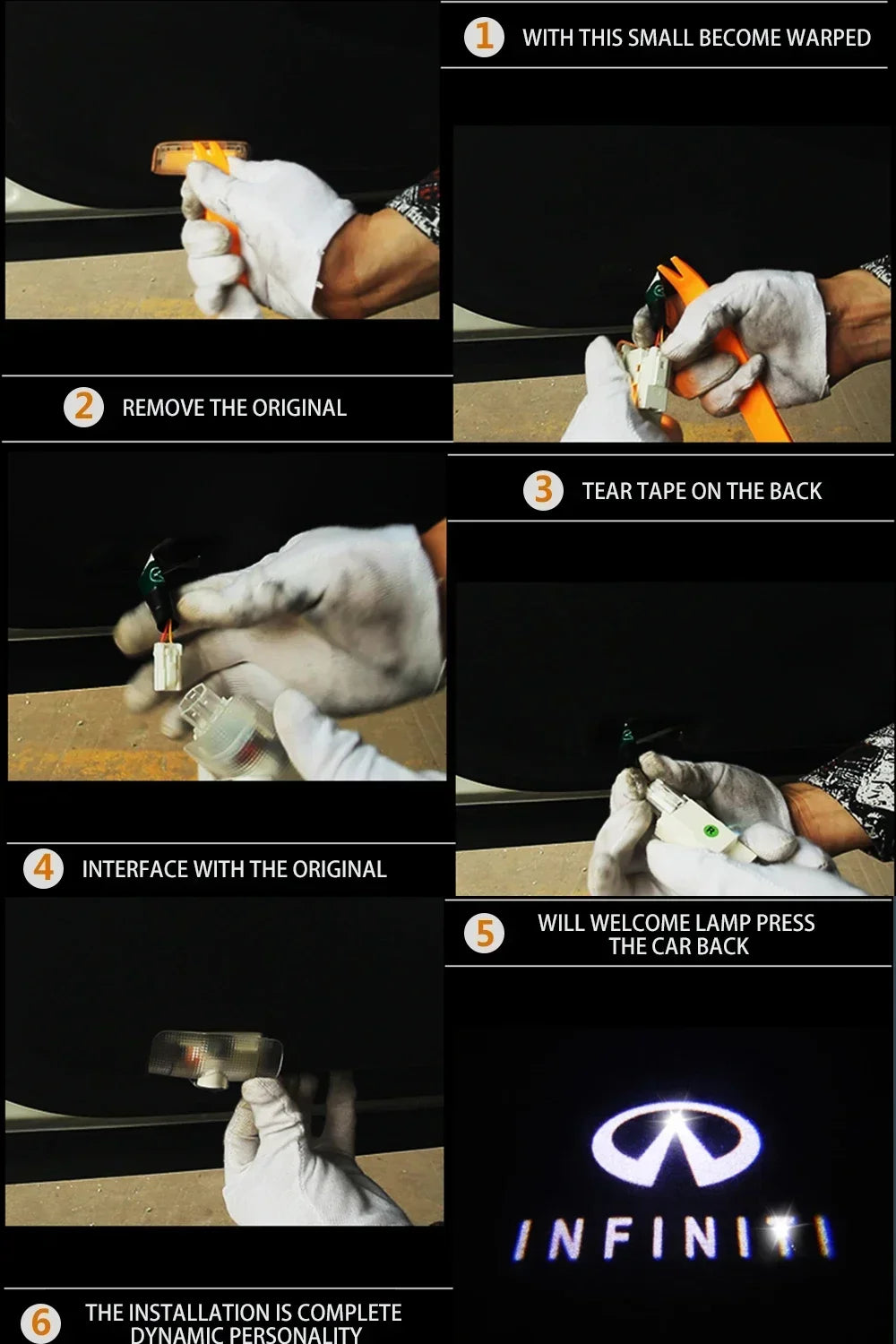 A six-step guide showing the installation of a car door shadow light projector for Infiniti models.