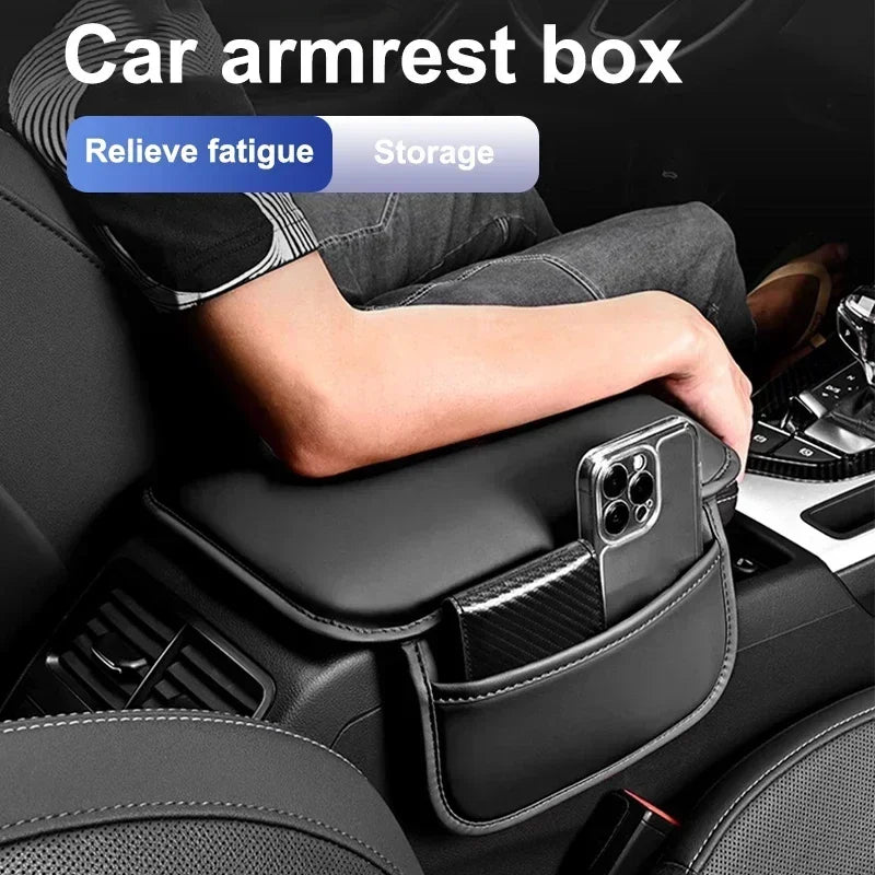 A black car armrest storage organizer pad is shown being used in a vehicle interior.