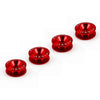 A set of four red aluminum quick release fasteners for automotive body parts.
