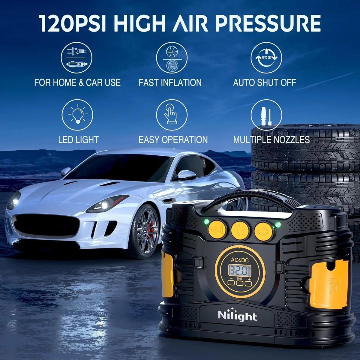 A NiLight air compressor device is shown with various features and a tire in the background.