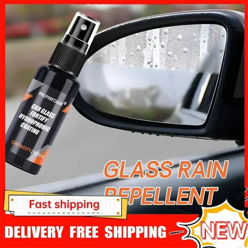 A bottle of pre-foam car glass hydrophobic coating spray is shown next to a car mirror.